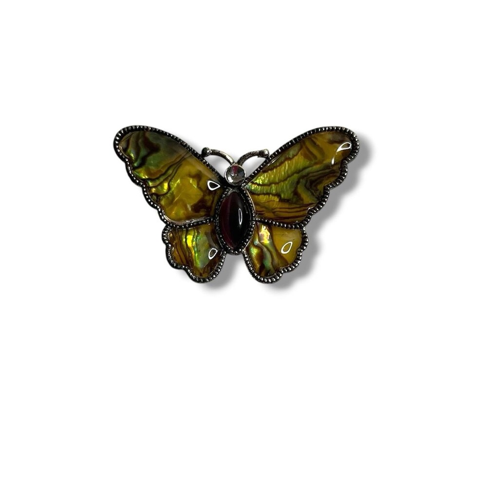 Iridescent Abalone Butterfly Pin Brooch Green Gold Silvertone 1.75" X 1.5" READ